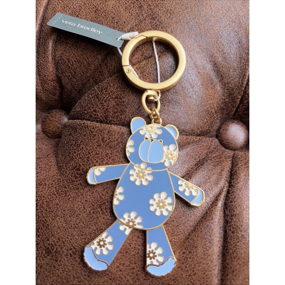 Vera Bradley Bear Bag Charm Key Ring Teddy Bear Blue Daisies Gold Keychain NWT